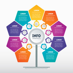 Obraz premium Business presentation concept with 9 options. Web Template of tree, info chart or diagram. Vector infographic of technology or education process with 9 steps. Marketing pipeline.