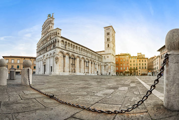 Chiesa di San Michele in Foro located on Piazza San Michele square in Lucca, Tuscany, Italy - obrazy, fototapety, plakaty