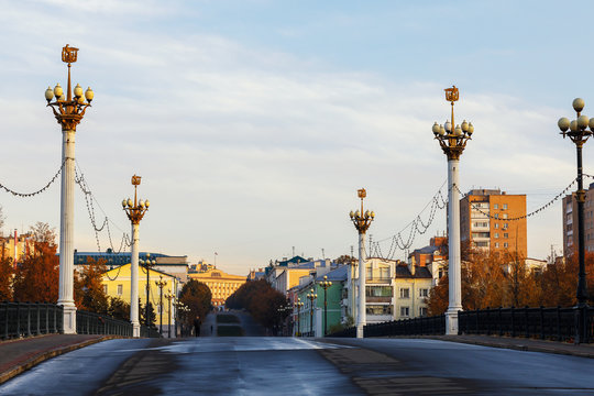 Morning landscape: view from Alexander Bridge to Lenin Street, Russia, city of Oryol