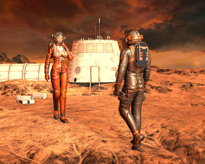 Man and woman astronaut on Planet Mars surface. 3D rendering. © Nada Sertic