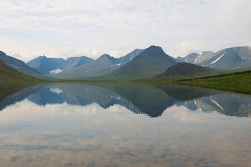 Panorama of the lake Big Hadatayoganlor on a cloudy August day. Yamal, Russia