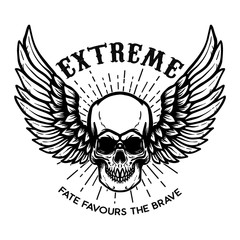 Extreme. Winged skull on white background. Design element for logo, label, emblem, sign, poster.