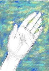 digital illustration of a woman's left hand on blue-green background - 228961117