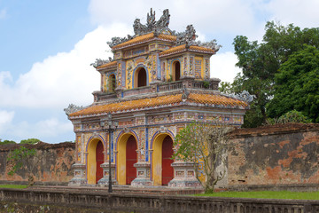 The ancient gate-bastion of the Imperial Forbidden City on a cloudy day. Hue, Vietnam