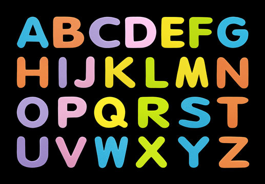 Set collection alphabet in multi colored bold letters isolated on black background.