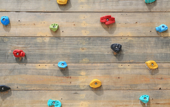 Rock Climbing Playground On Wood Wall.