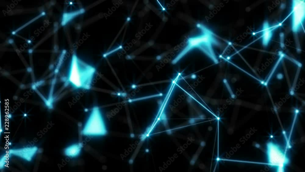 Poster camera zoom on particles. depth of field. dynamic magic background. blue glow. seamless loop.futuris