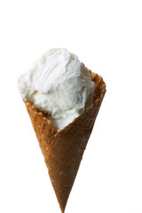 Single white vanilla ice cream in a waffle cone. Isolated