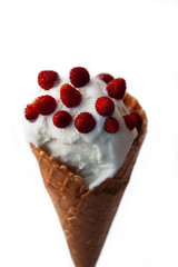Single white ice cream with strawberries. Isolated