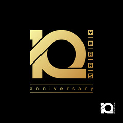 Modern gold symbol "10 years" for logo, emblem or sign on black background. Creative template for celebration, anniversary and congratulation design. Vector illustration.