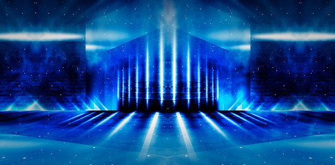 Background of an empty corridor with brick walls in blue and neon light. Brick walls, neon rays and glow, smoke. Blue abstract background.