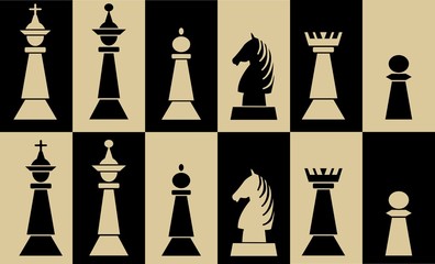 Set of chess pieces on chessboard fields, white piece on black field, black piece on white field, vector illustration