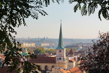 Veduta della città di Praga tra uno scorcio naturale di foglie e rami