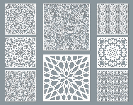 Laser cut decorative panel set with lace pattern, square ornamental templates collection for die cutting or wood carving, element for wedding invitation card. Cabinet screen.