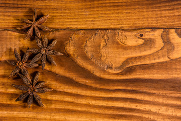 Star anise on a wooden table. Top view