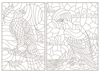 Set of contour illustrations with abstract birds, eagle and Falcon, dark outlines on white background