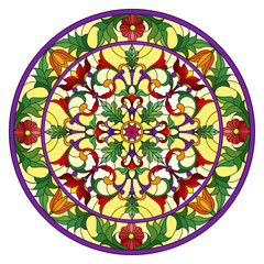 Illustration in stained glass style, round mirror image with floral ornaments and swirls,bright flowers on yellow background