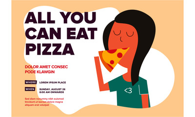 Flat Vector Illustration of hungry girl eating pizza. Pizza and girl. Pizza all you can eat Template