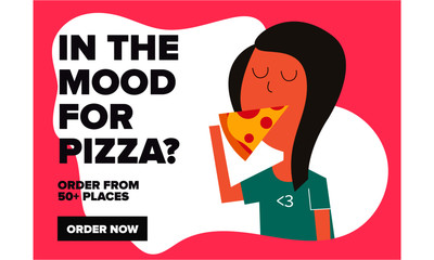 Flat Vector Illustration of hungry girl eating pizza. Pizza and girl. Pizza Design Template