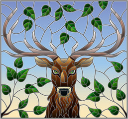 Naklejki  Ilustracja w stylu witrażu z głową jelenia, na tle gałęzi drzew i nieba, prostokątny obraz