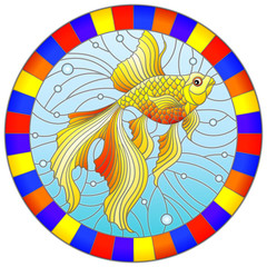 Illustration in stained glass style with bright gold fish on the background of water and air bubbles, round image in bright frame