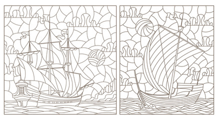 Set contour illustrations of stained glass, seascape, ships sailing on the background of the cloudy sky and the sun, dark contours on white background