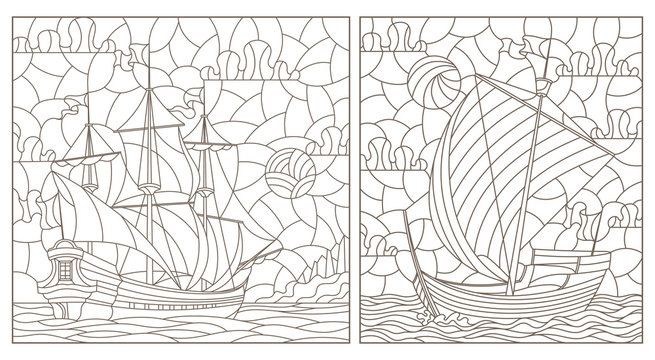 Set contour illustrations of stained glass, seascape, ships sailing on the background of the cloudy sky and the sun, dark contours on white background