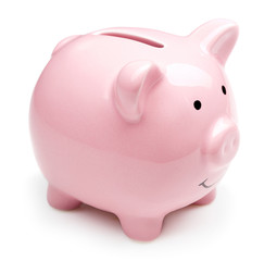 pink ceramic piggy bank isolated on white background