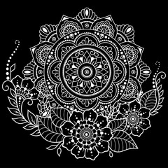Circular pattern in form of mandala with flower for Henna, Mehndi, tattoo, decoration. Decorative ornament in ethnic oriental style. Coloring book page.
