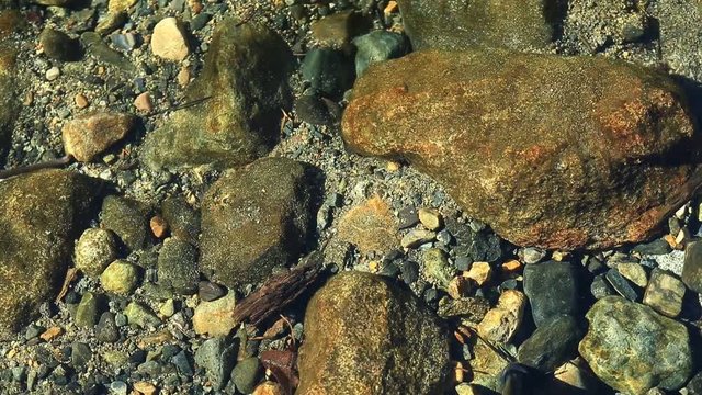 Top down view of river botom through clear cold water near Lake Tahoe