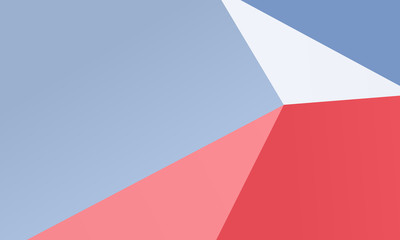 Geometric background, a combination of irregular, curved shapes, triangles. Red, white and blue color of the American flag. 