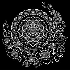 Circular pattern in form of mandala with flower for Henna, Mehndi, tattoo, decoration. Decorative ornament in ethnic oriental style. Coloring book page.