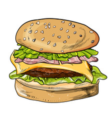 hamburger vector illustration, isolated, menu, loaf of bread with stuffing and sesame seeds