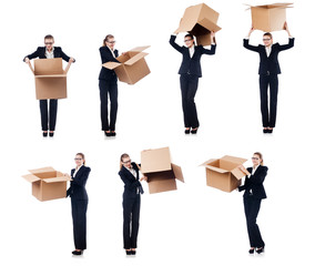 Woman businesswoman with boxes on white