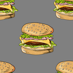 hamburger vector illustration, isolated, menu, loaf of bread with stuffing and sesame seeds seamless pattern
