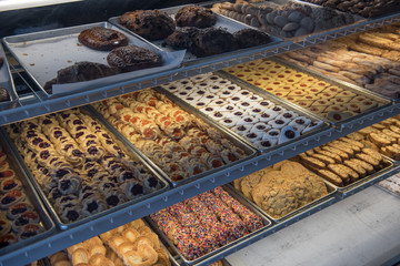 food at the desert counter with different pastries