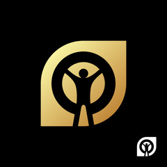 Silhouette of happy man resembling the shape of tree in gold leaf logo template on black background. For amusement parks. Vector illustration.