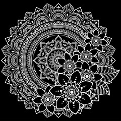 Circular pattern in form of mandala with flower for Henna, Mehndi, tattoo, decoration. Decorative ornament in ethnic oriental style. Coloring book page.