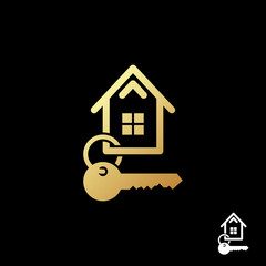 Symbol of the gold house of thick rounded lines with key logo template on black background. For real estate agencies and construction company. Vector illustration.