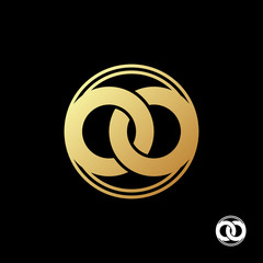 United two gold abstract rings to create a symbol of infinity logo template. To marriage agencies and business companies. Vector illustration.