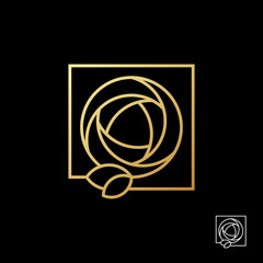 Beautiful gold rose in a square logo template on black background. For flower shops, cosmetics store and beauty salons. Vector illustration.