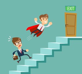 Super businessman in red cape flying pass another businessman climbing stairs. Business competition concept. Stock flat vector illustration.