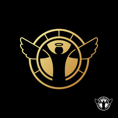 Gold outline silhouette of the angel in the circle logo template. Isolated beautiful gold angel sign on black background. Vector illustration.