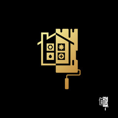 Home repair logo template. Unusual gold home icon for construction and repair company on black background. Vector illustration.