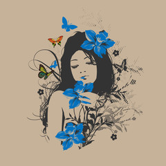 Sketch. Summer style. Girl with flowers in her hair. Vector illustration.