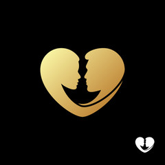 Beautiful romantic gold female and male silhouette of a head in the form of heart logo template. To marriage agencies, event decoration, weddings and bridal shops. Vector illustration.