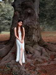 Young princess with long hair in a white, vintage, nightdress. The girl stands on the huge roots of an ancient tree. Fantastic art photo.