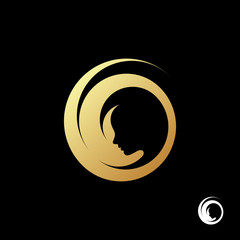 Beautiful gold girl face logo template on black background. Vector illustration.