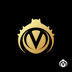 Letter "M" and "V" logo template. Abstract gold beetle pest on black background. For stores gardening and business companies. Vector illustration.