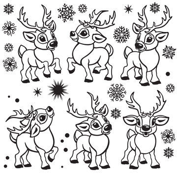 set of reindeer . Cartoon collection of funny Christmas tiny caribou deer in different poses .Black and white outline vector  illustrations for babies and little kids